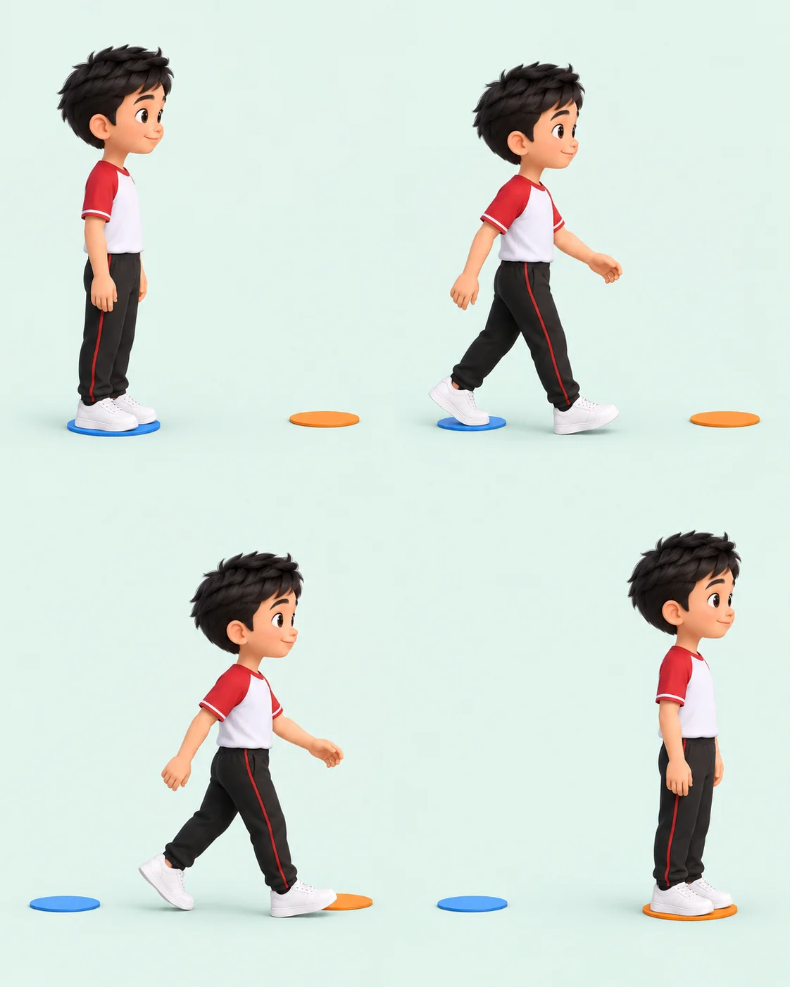 Anak berjalan dari tanda awal menuju tanda tujuan